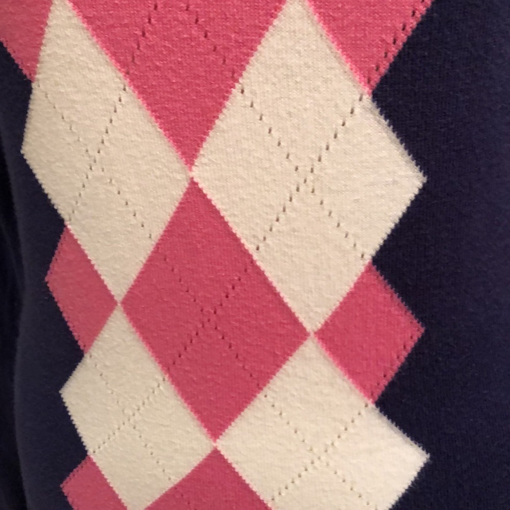 Lilly Pulitzer V-Neck Argyle Sweater Top Long-Sleeve Blue/White/Pink Shirt - Picture 5 of 12